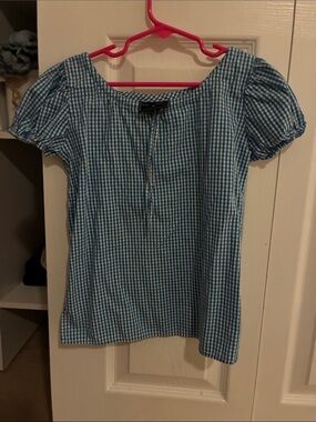 Oscar de la Renta Blue Gingham Puff-Sleeve Top